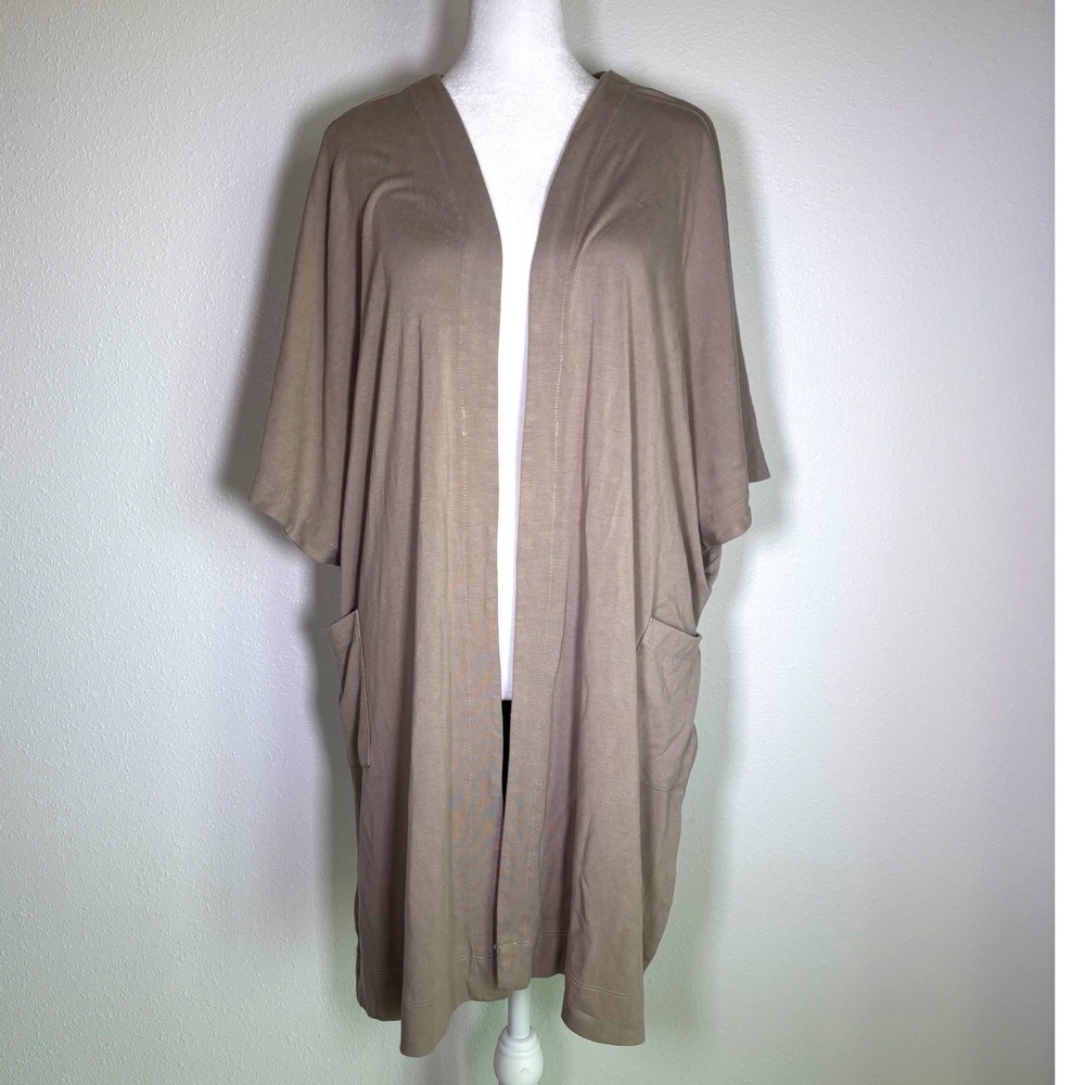 Open Front Cardigan Taupe Brown One Size Oversized Pockets Kimono Sleeve Savvi